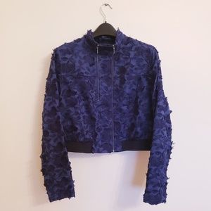 Elie Tahari Navy Embroidered Cropped Bomber Jacket
